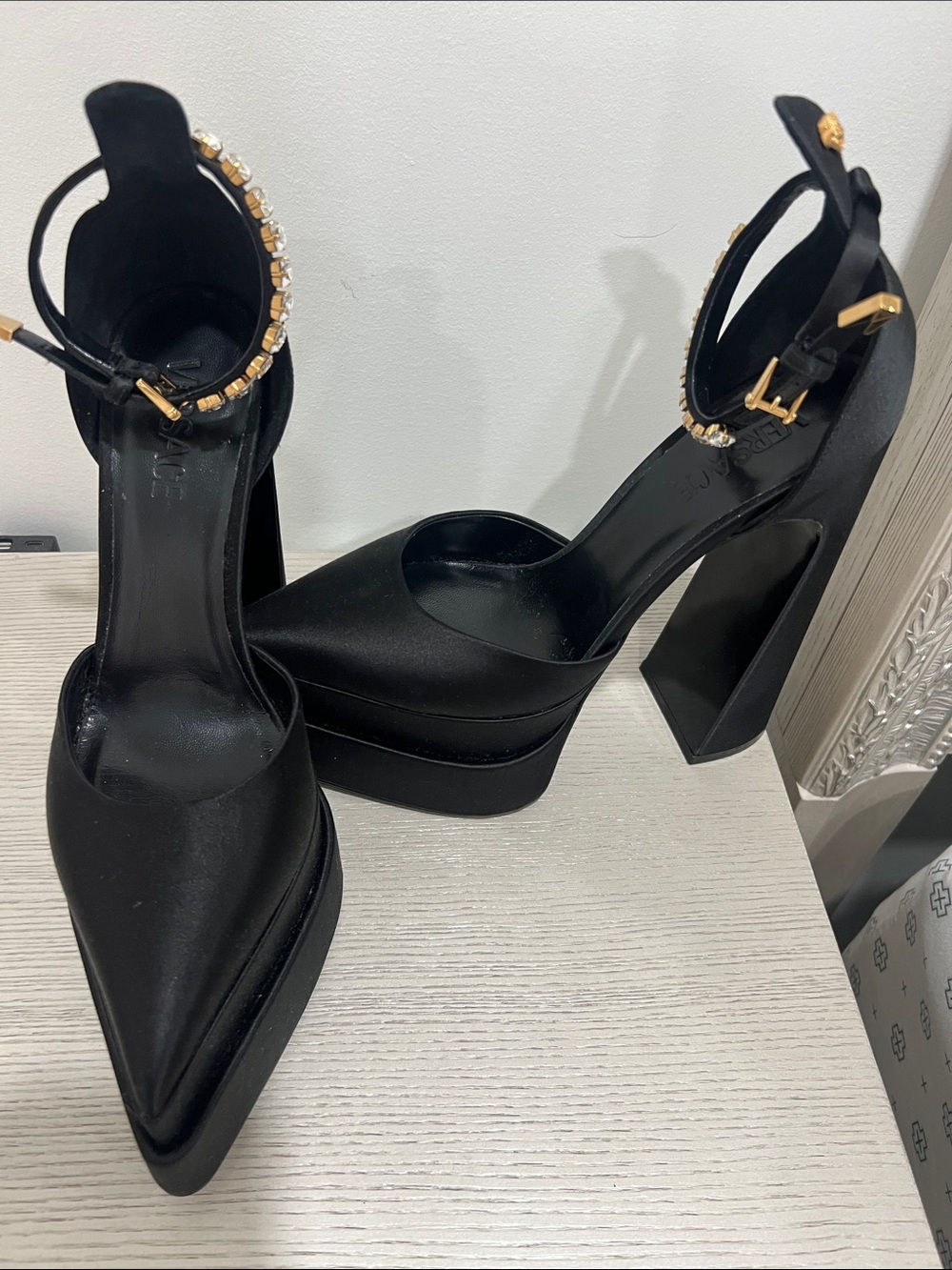 Versace Black Satin Platform Ankle-Strap Pumps with Crystal Trim